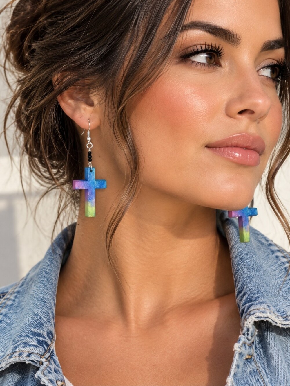 Women's Large Watercolor Blue/Green Cross Drop Earrings